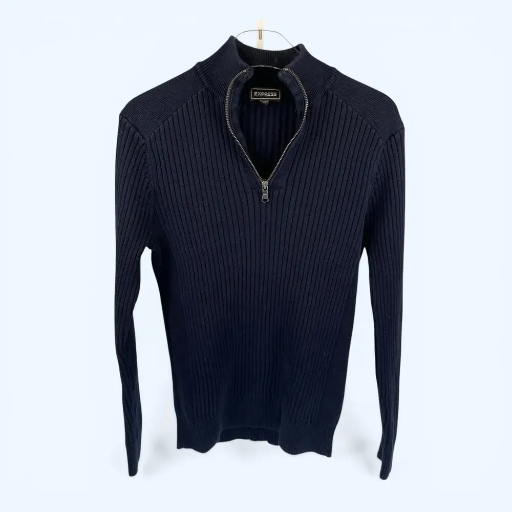 Express Men's Size Medium Navy Quarter Zip Ribbed Knit Pullover Sweater